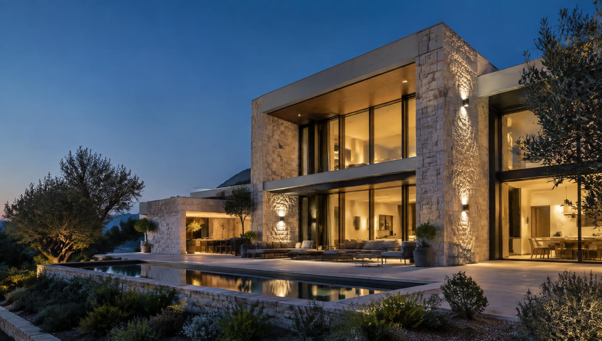 A modern limestone residence at dusk